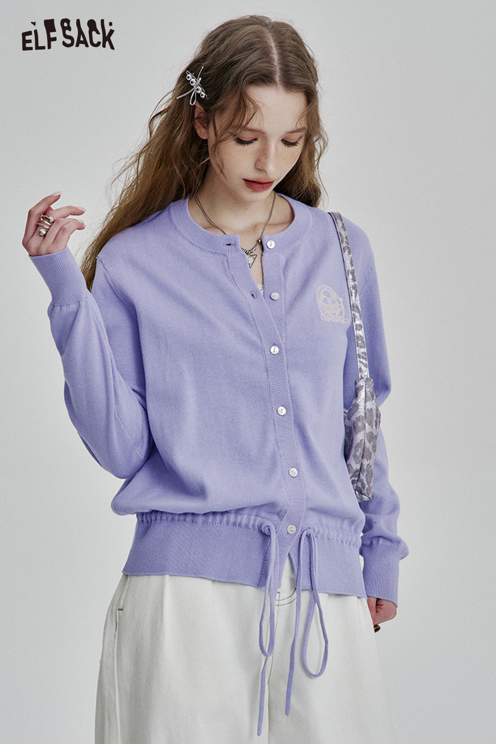 ELFSACK Sweet Dopamine Drawstring O-neck Single Breasted Knit Cardigan