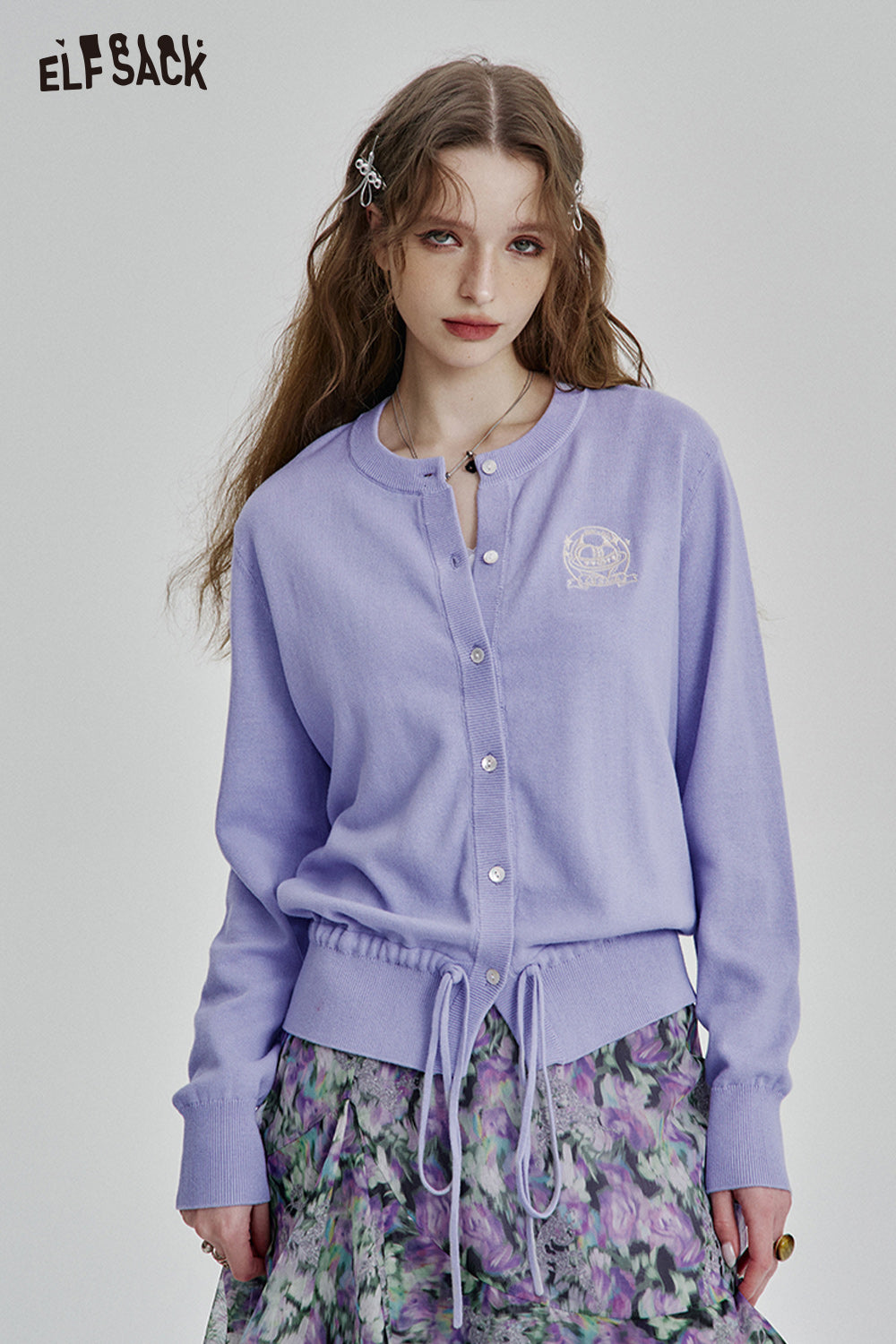 ELFSACK Sweet Dopamine Drawstring O-neck Single Breasted Knit Cardigan