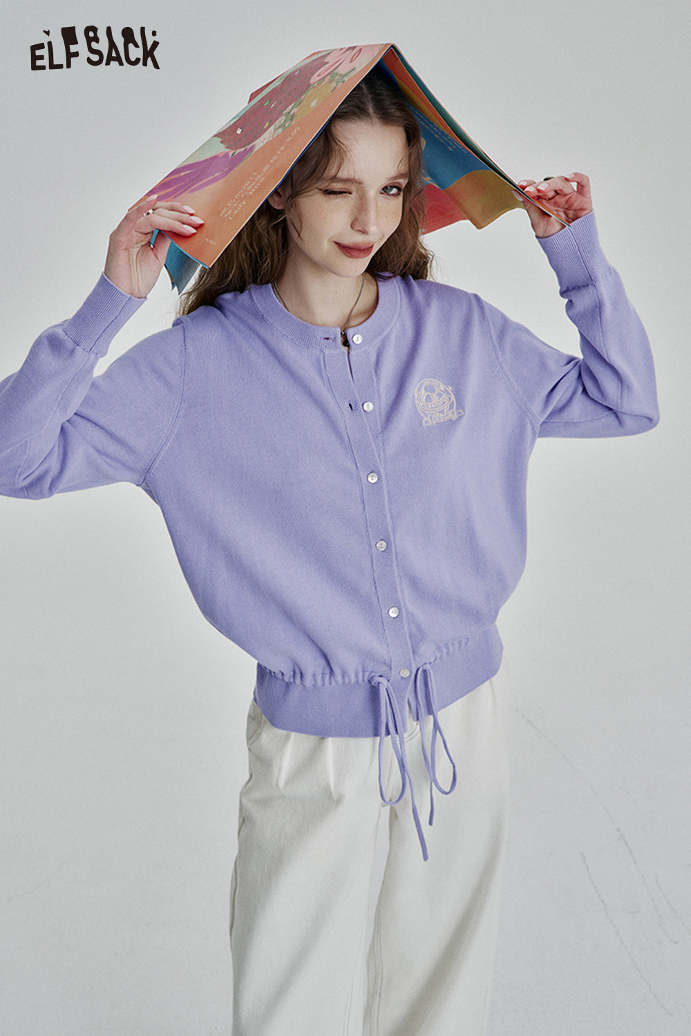 ELFSACK Sweet Dopamine Drawstring O-neck Single Breasted Knit Cardigan
