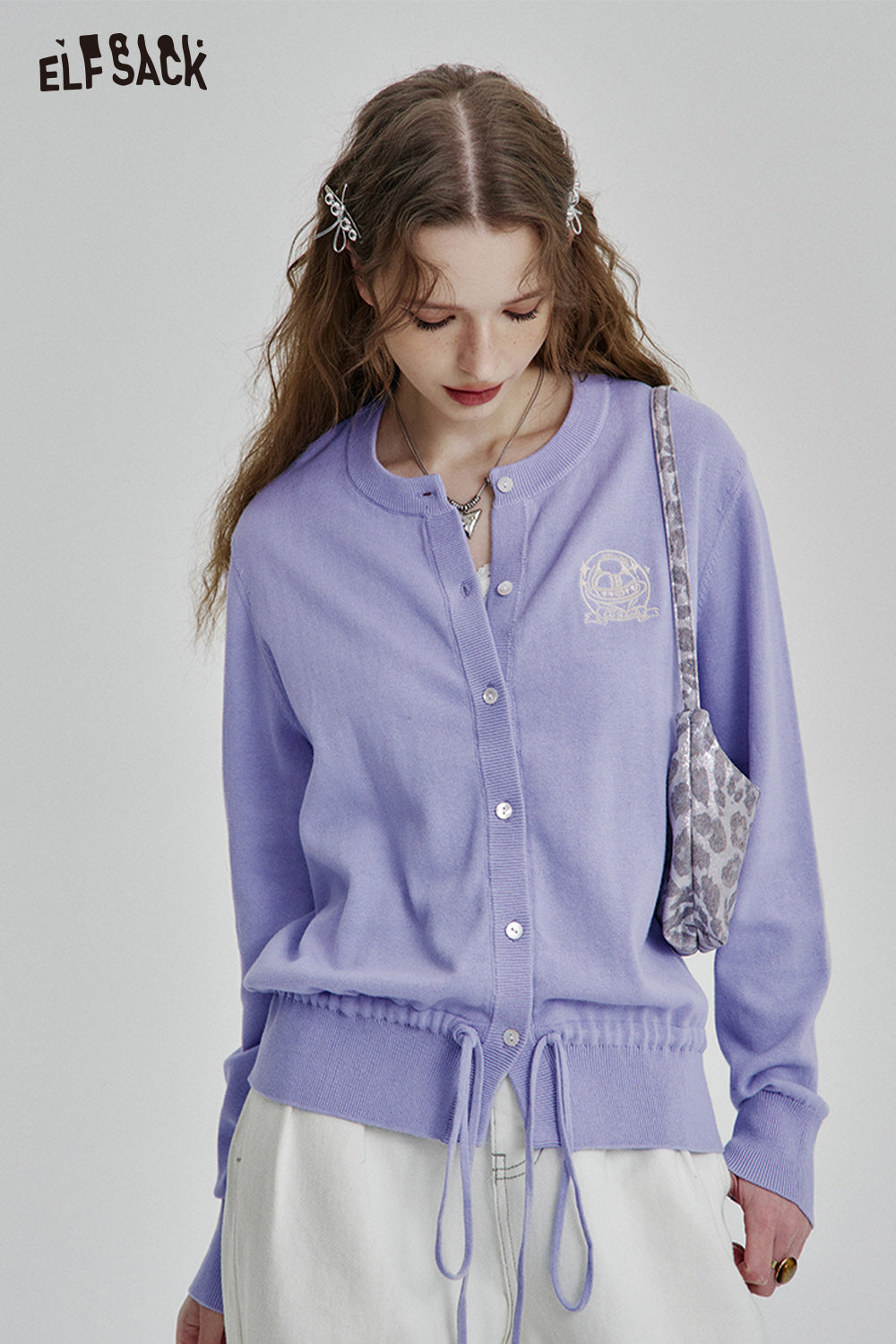 ELFSACK Sweet Dopamine Drawstring O-neck Single Breasted Knit Cardigan