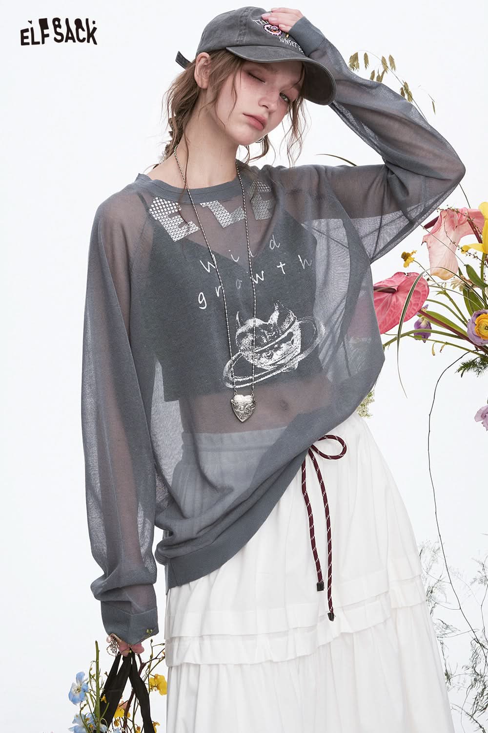 ELFSACK Y2K Original Heart Printed Knitted Pullover Women Sweet Cool Thin Oversize Tops