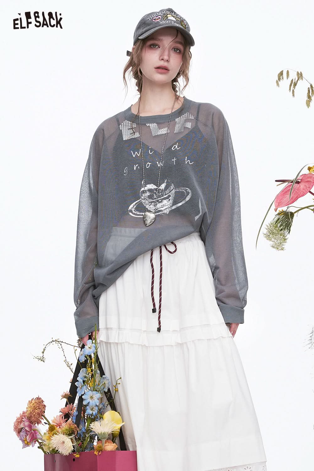 ELFSACK Y2K Original Heart Printed Knitted Pullover Women Sweet Cool Thin Oversize Tops