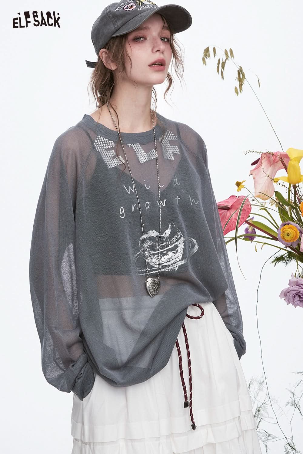 ELFSACK Y2K Original Heart Printed Knitted Pullover Women Sweet Cool Thin Oversize Tops