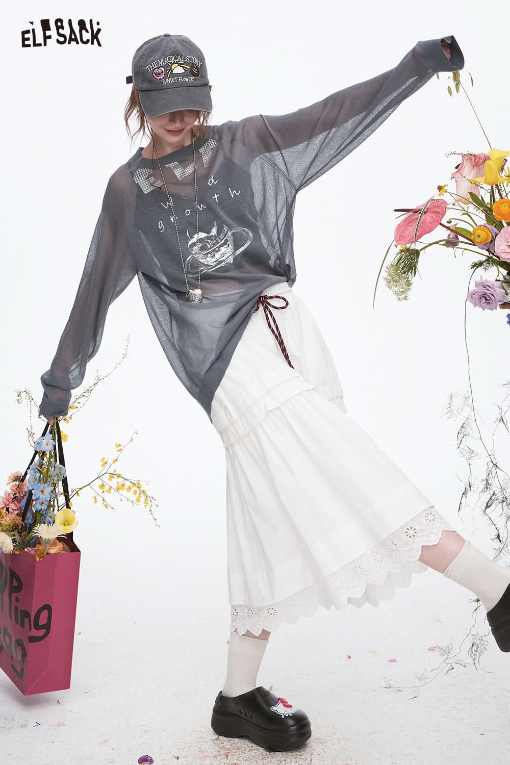 ELFSACK Y2K Original Heart Printed Knitted Pullover Women Sweet Cool Thin Oversize Tops