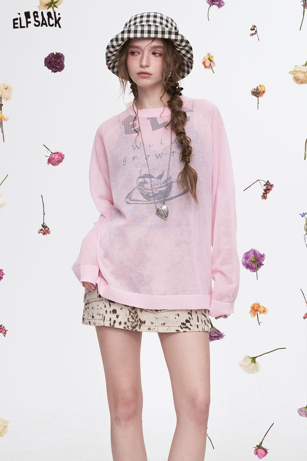 ELFSACK Y2K Original Heart Printed Knitted Pullover Women Sweet Cool Thin Oversize Tops