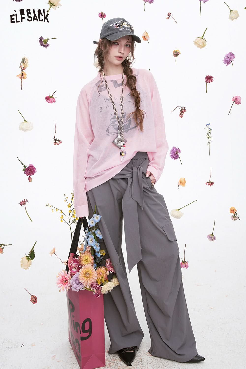 ELFSACK Y2K Original Heart Printed Knitted Pullover Women Sweet Cool Thin Oversize Tops