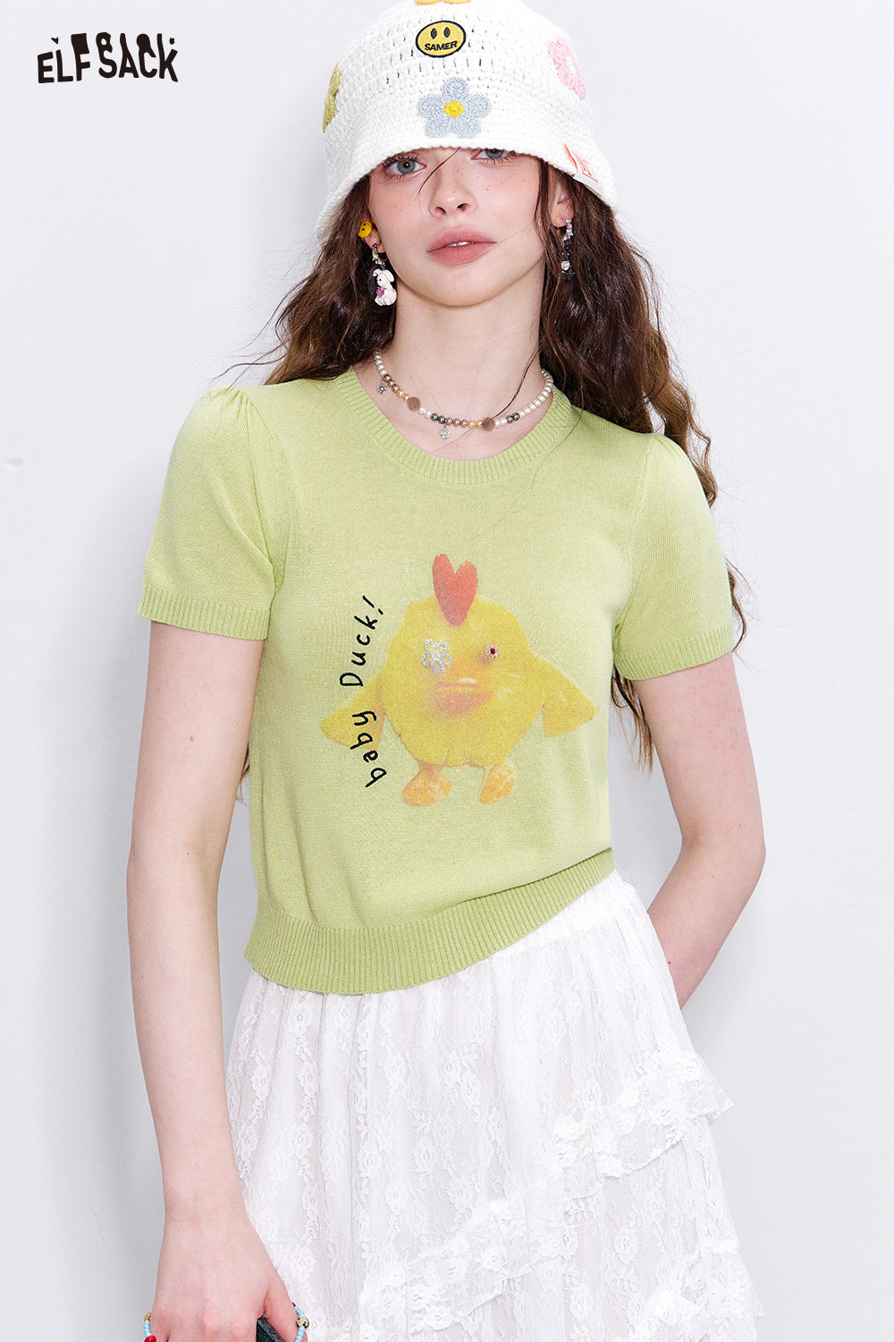 ELFSACK Y2K Sequin Printed Short Sleeve Knitted Pullover Women Casual Sweet Crop Top