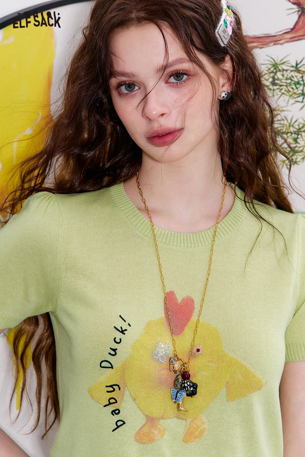 ELFSACK Y2K Sequin Printed Short Sleeve Knitted Pullover Women Casual Sweet Crop Top
