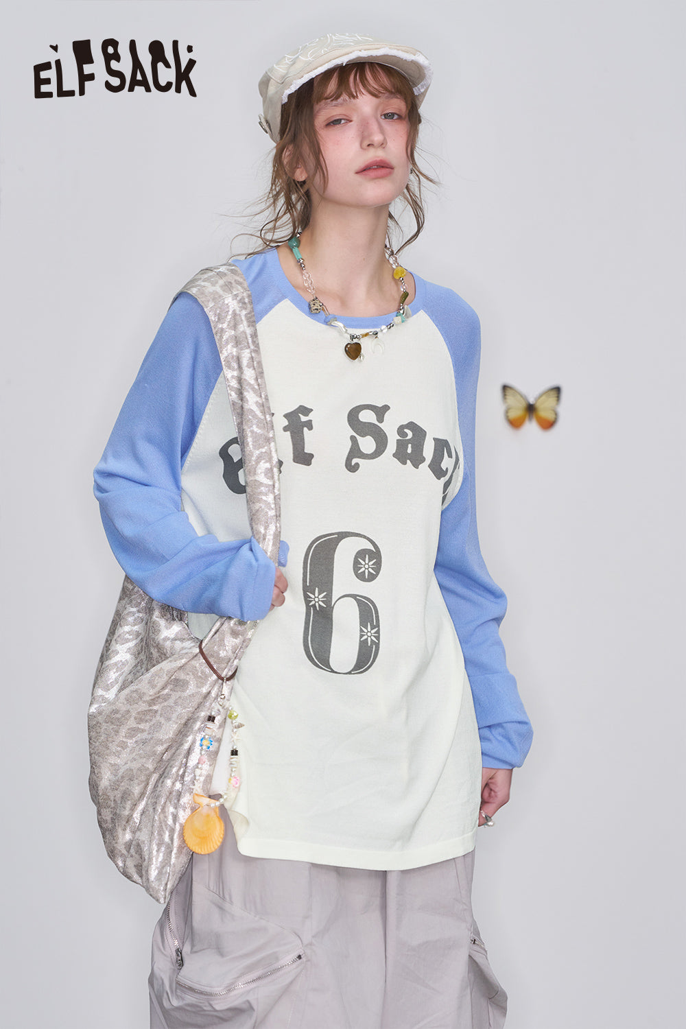 ELFSACK Preppy Style Raglan Long Sleeve Loose T-Shirt Letter Print Oversized Knit Pullover Women