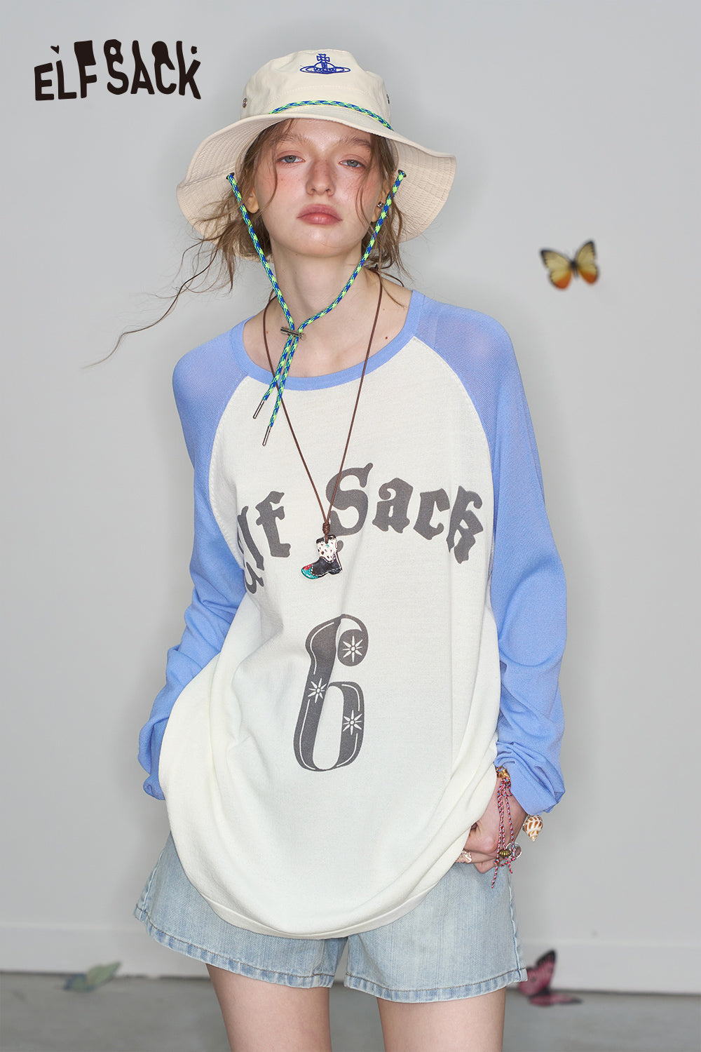 ELFSACK Preppy Style Raglan Long Sleeve Loose T-Shirt Letter Print Oversized Knit Pullover Women
