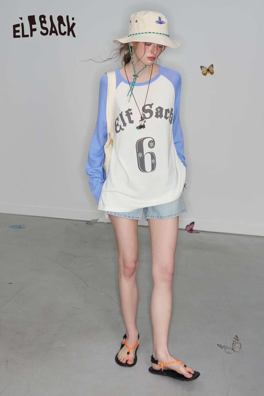 ELFSACK Preppy Style Raglan Long Sleeve Loose T-Shirt Letter Print Oversized Knit Pullover Women