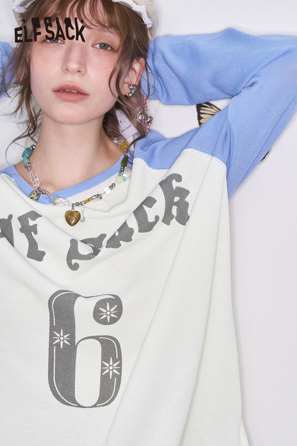 ELFSACK Preppy Style Raglan Long Sleeve Loose T-Shirt Letter Print Oversized Knit Pullover Women