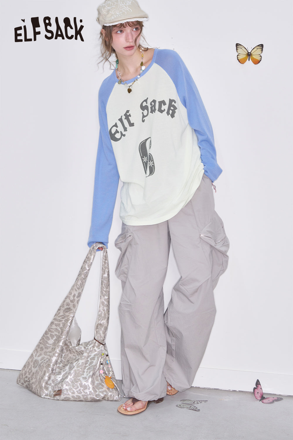 ELFSACK Preppy Style Raglan Long Sleeve Loose T-Shirt Letter Print Oversized Knit Pullover Women