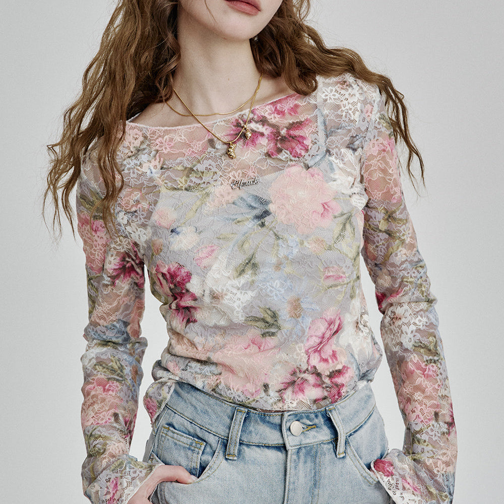 ELFSACK 2025 Spring New Arrivals Floral Full-print Slim Fit Lace Shirt Women Elegant Sexy Mesh Top