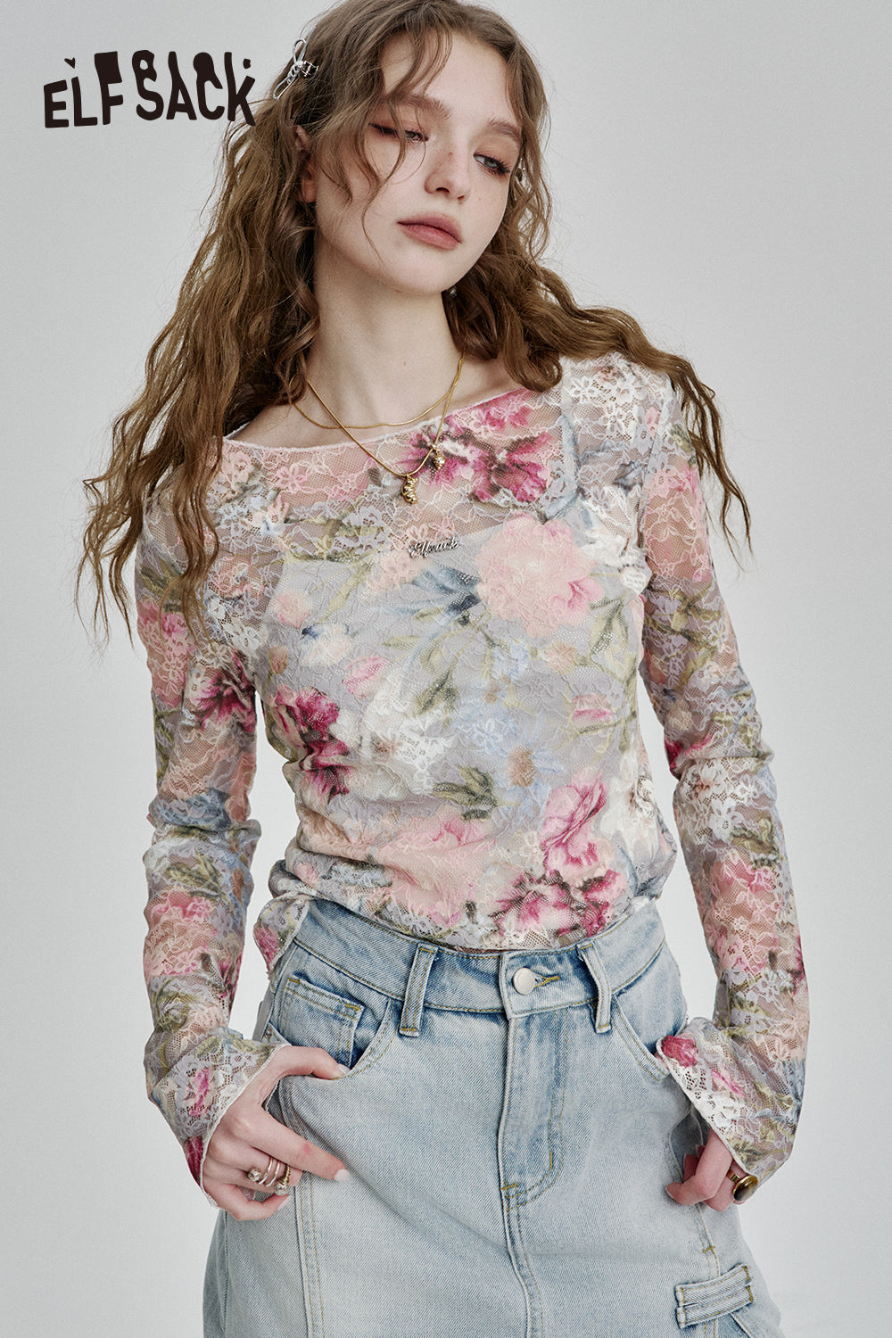 ELFSACK 2025 Spring New Arrivals Floral Full-print Slim Fit Lace Shirt Women Elegant Sexy Mesh Top