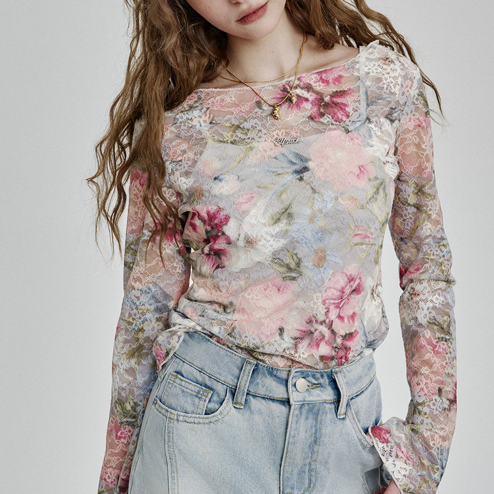 ELFSACK 2025 Spring New Arrivals Floral Full-print Slim Fit Lace Shirt Women Elegant Sexy Mesh Top