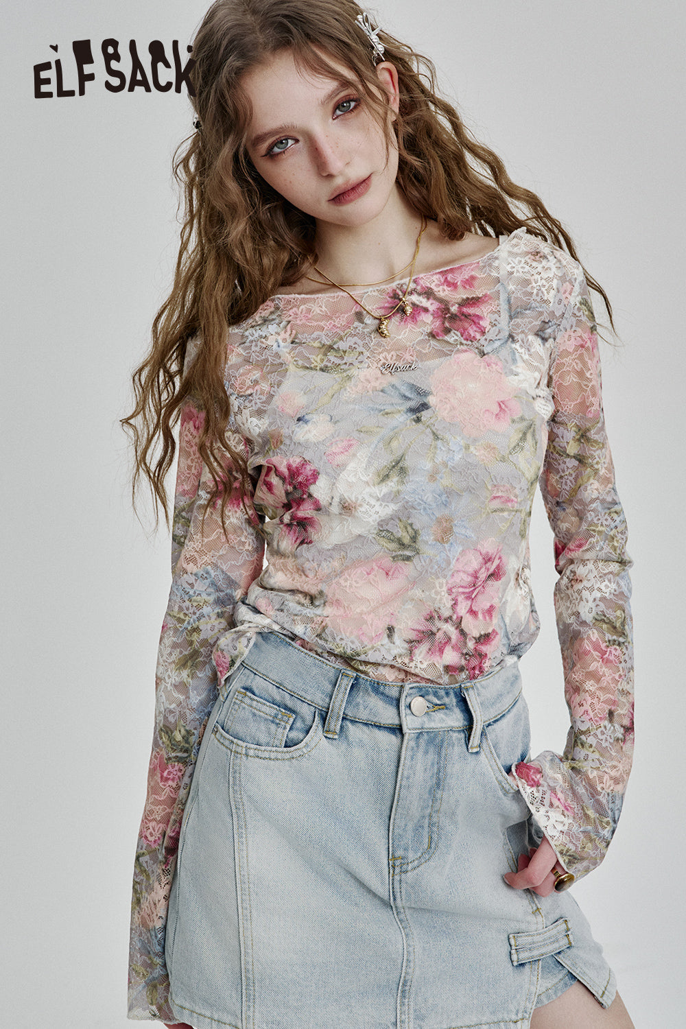 ELFSACK 2025 Spring New Arrivals Floral Full-print Slim Fit Lace Shirt Women Elegant Sexy Mesh Top