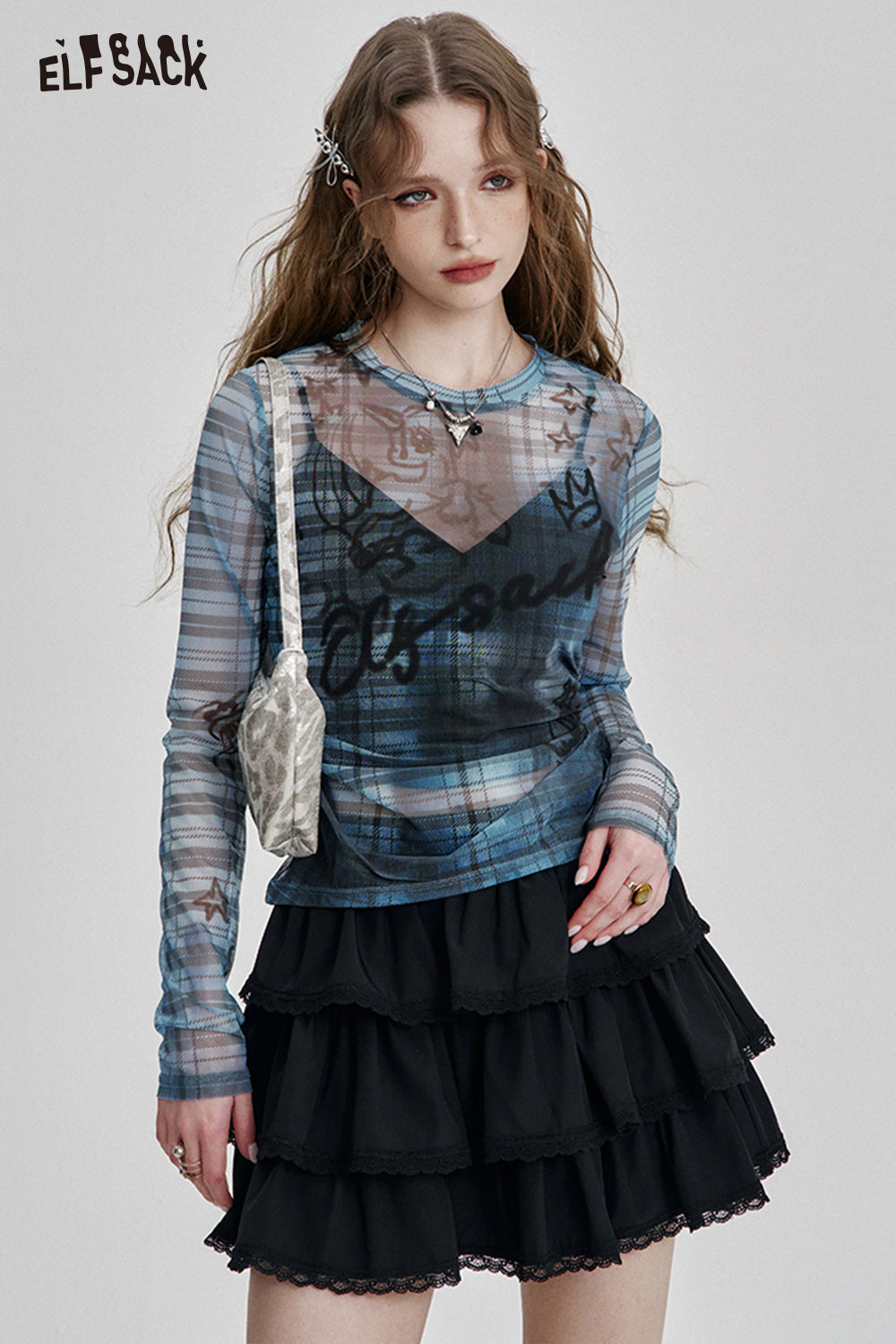ELFSACK Y2K Plaid Print Slim Fit Thin Lace Shirt Women Semi-transparent Long Sleeve Streetwear Top