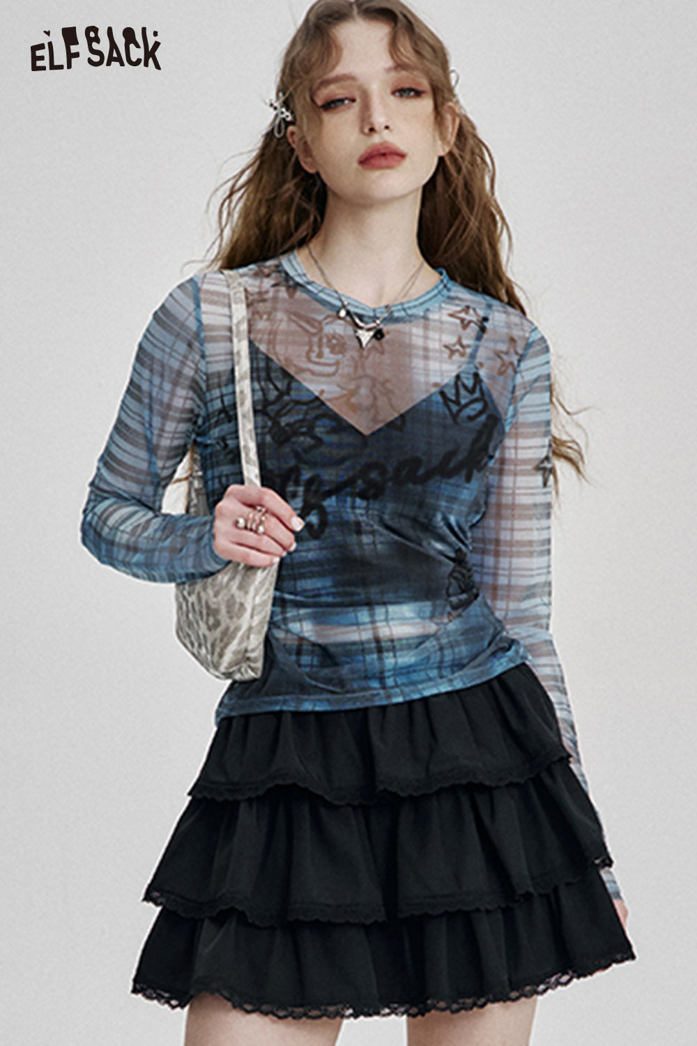 ELFSACK Y2K Plaid Print Slim Fit Thin Lace Shirt Women Semi-transparent Long Sleeve Streetwear Top