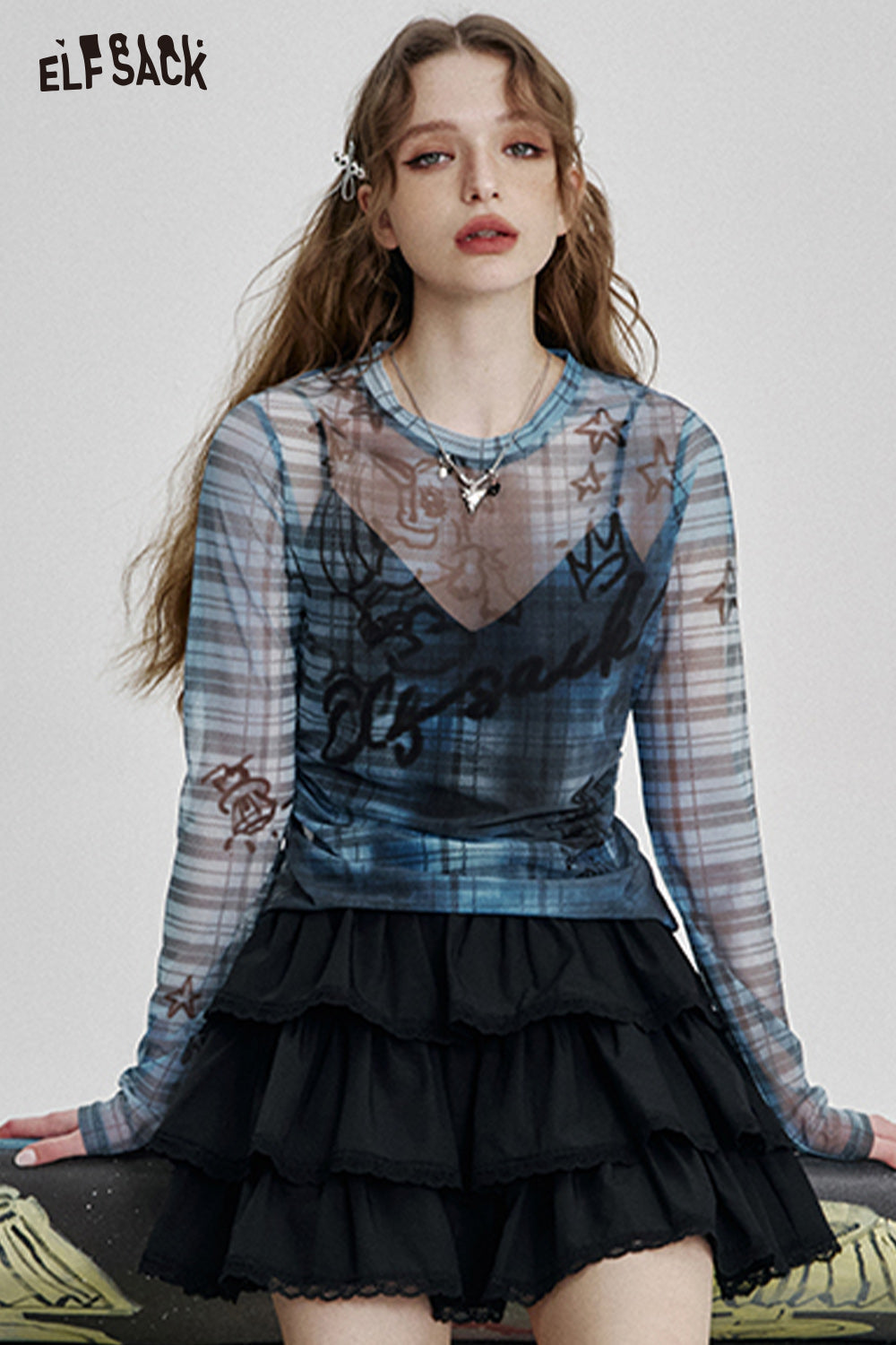 ELFSACK Y2K Plaid Print Slim Fit Thin Lace Shirt Women Semi-transparent Long Sleeve Streetwear Top