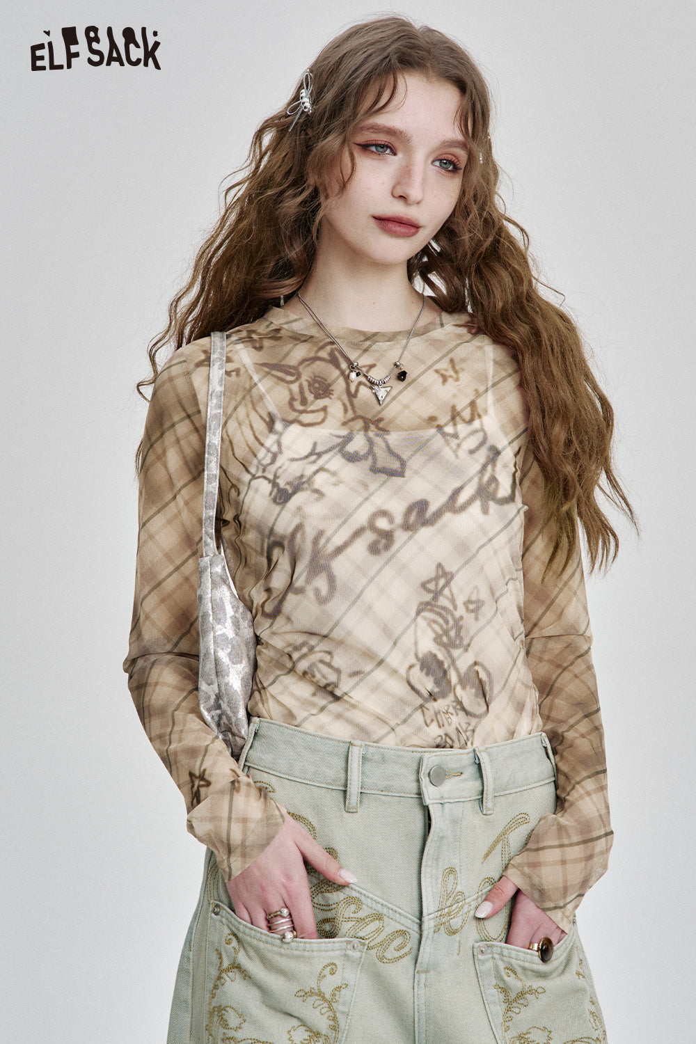 ELFSACK Y2K Plaid Print Slim Fit Thin Lace Shirt Women Semi-transparent Long Sleeve Streetwear Top