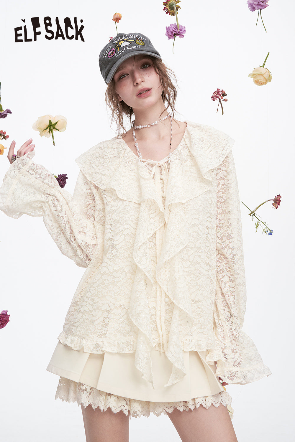 ELFSACK Elegant Sweet Ruffle Lace Shirt Camisole Women's Long Sleeve Loose Top Set