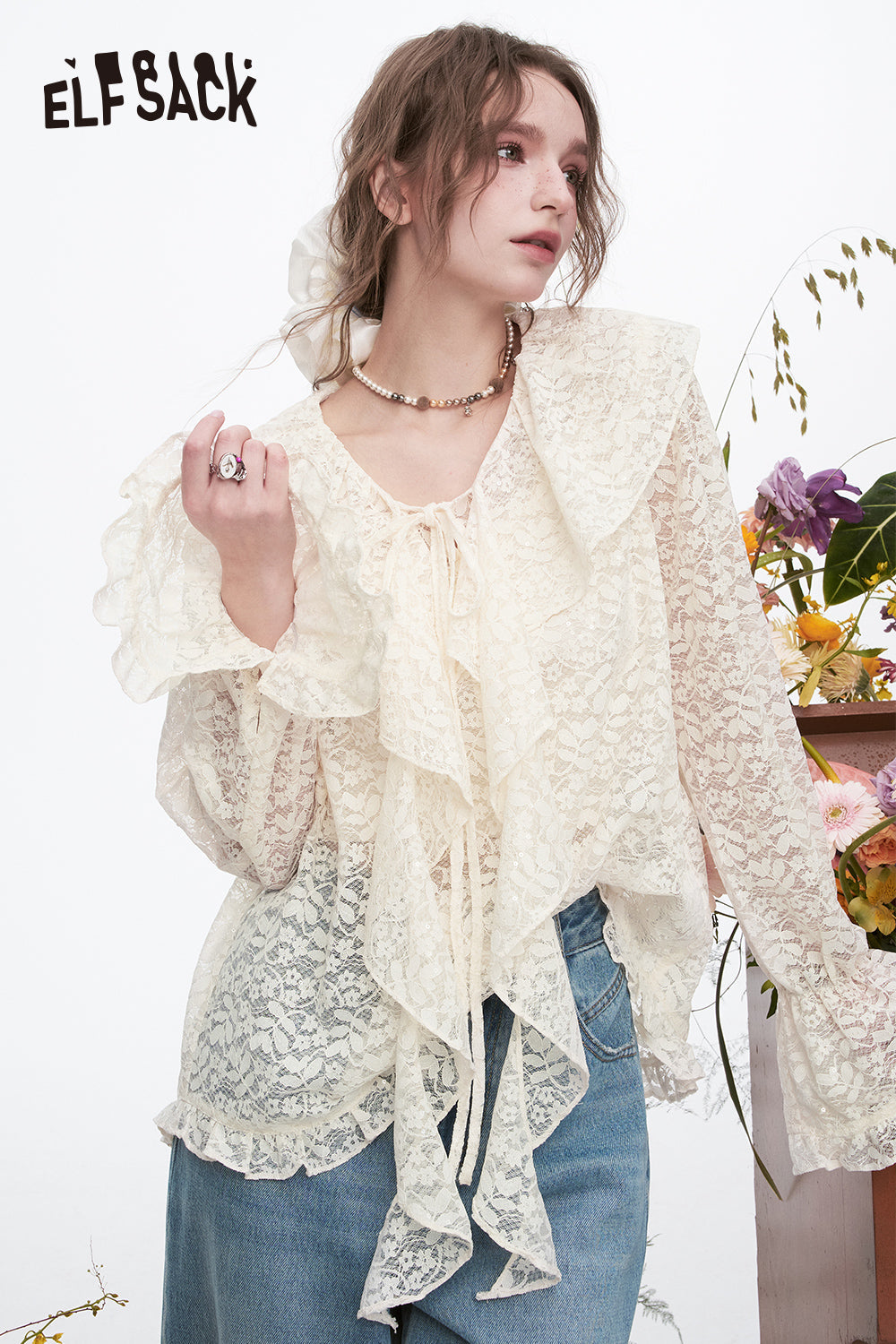 ELFSACK Elegant Sweet Ruffle Lace Shirt Camisole Women's Long Sleeve Loose Top Set