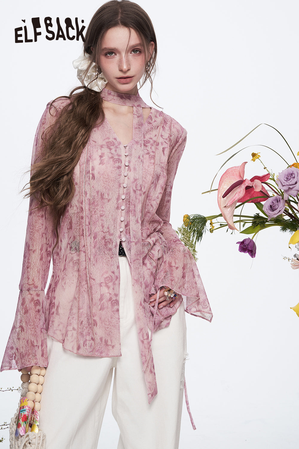 ELFSACK Elegant Sweet V-neck Printed Flare Sleeve Lace-up Chiffon Blouse Women