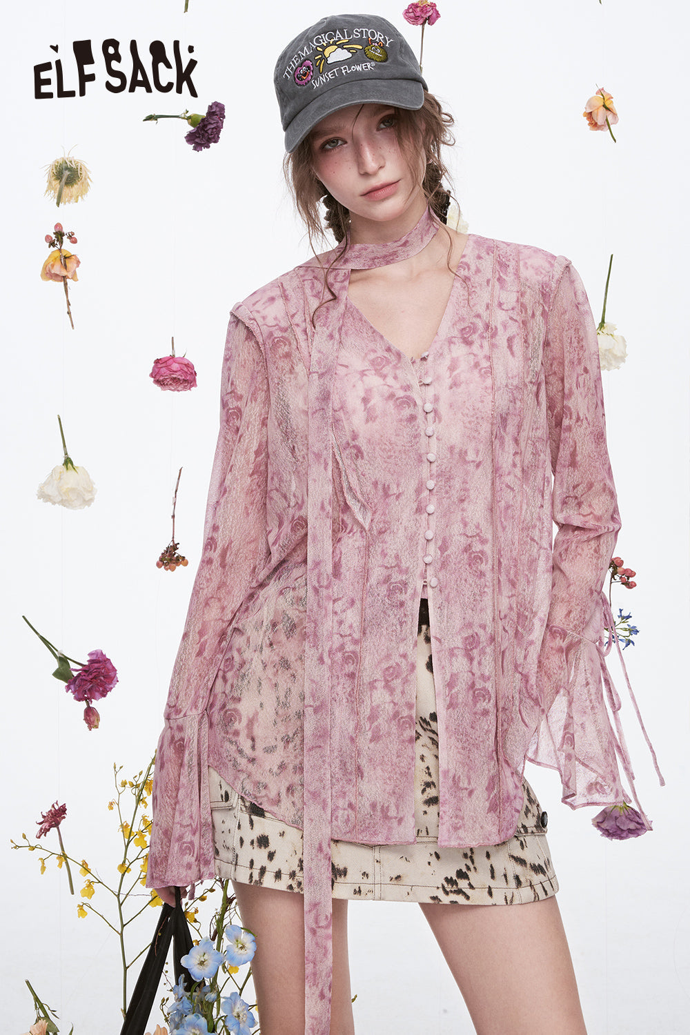 ELFSACK Elegant Sweet V-neck Printed Flare Sleeve Lace-up Chiffon Blouse Women