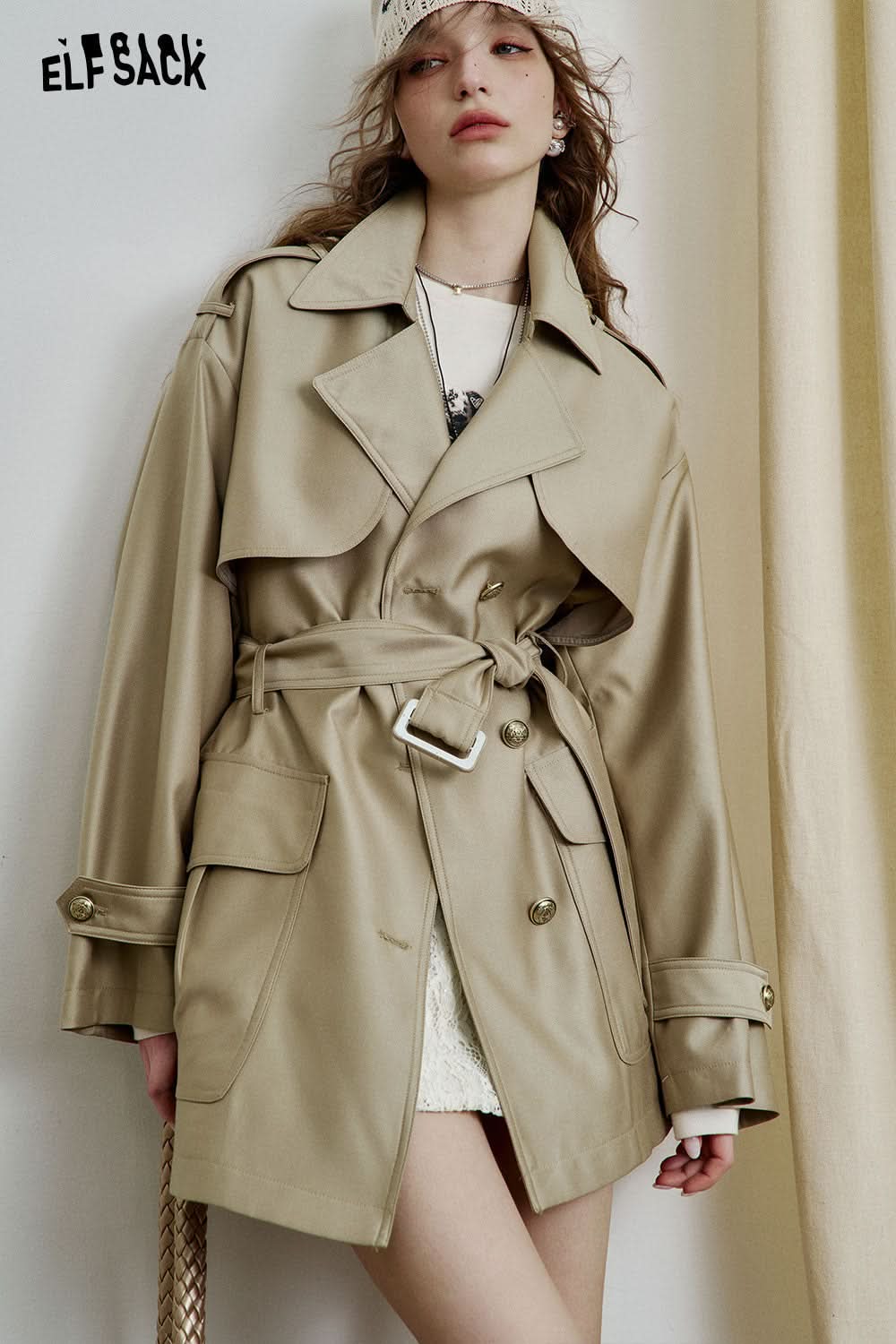 ELFSACK Casual Versatile Khaki Mid-Length Trenchcoat Windbreaker Women Sashes Elegant Outwear