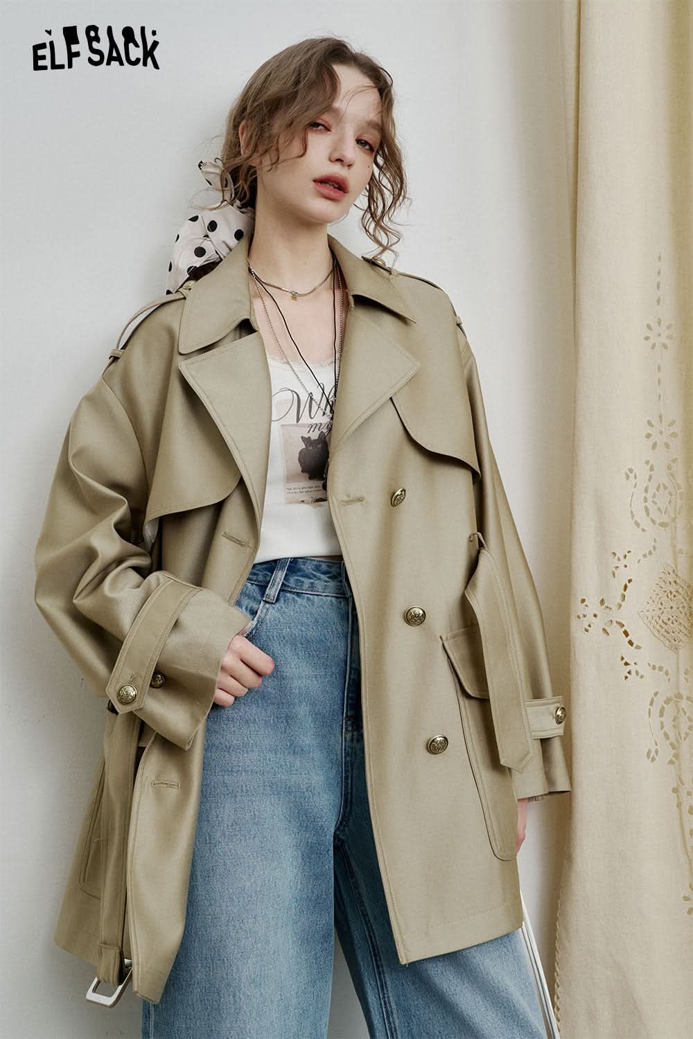 ELFSACK Casual Versatile Khaki Mid-Length Trenchcoat Windbreaker Women Sashes Elegant Outwear