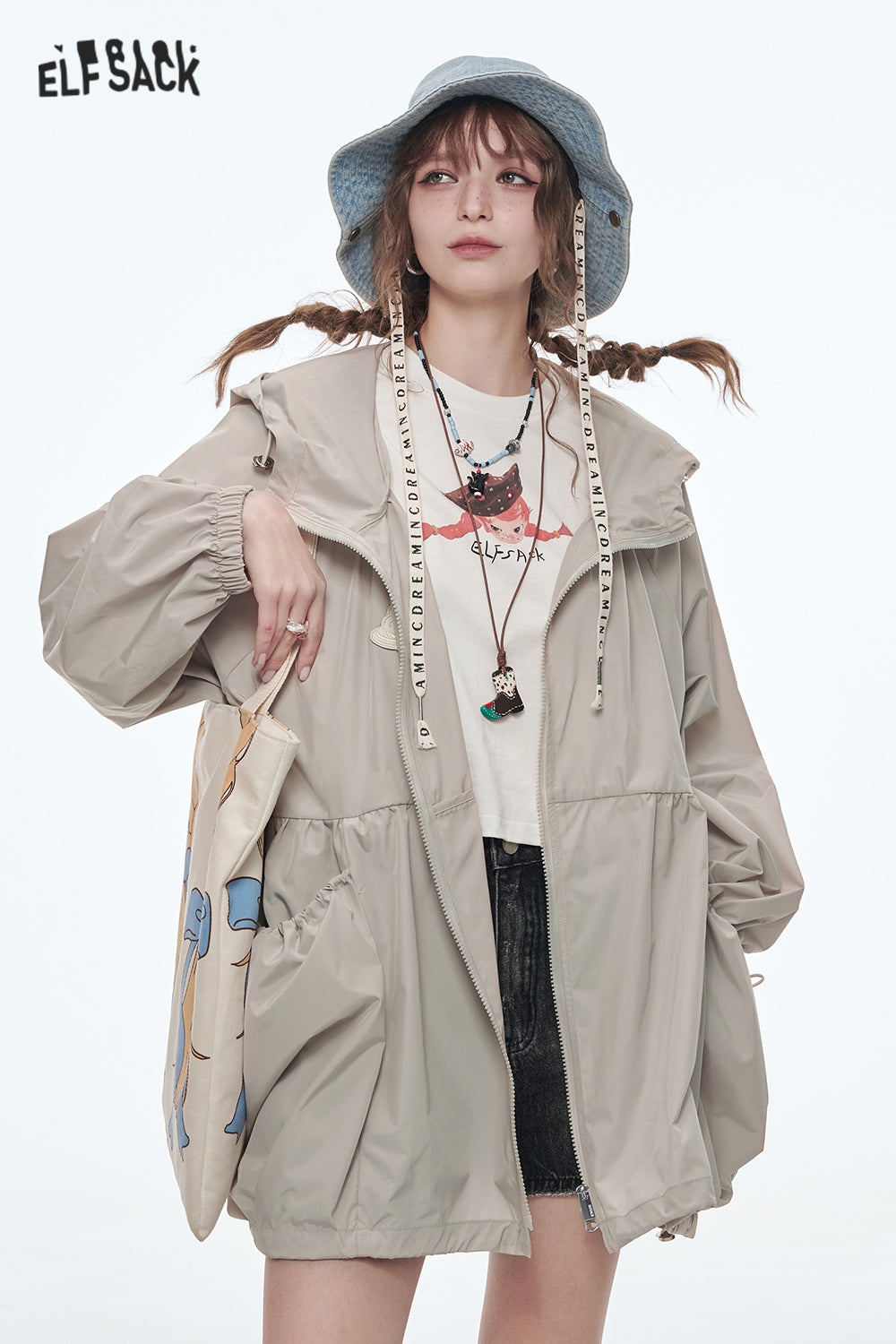 ELFSACK Original Girls Printed Mid-Length Hooded Light Jacket Women Loose Female Outerwear