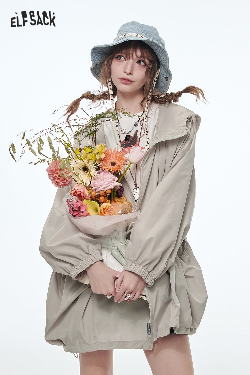 ELFSACK Original Girls Printed Mid-Length Hooded Light Jacket Women Loose Female Outerwear