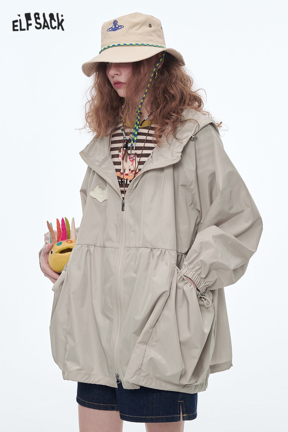 ELFSACK Original Girls Printed Mid-Length Hooded Light Jacket Women Loose Female Outerwear