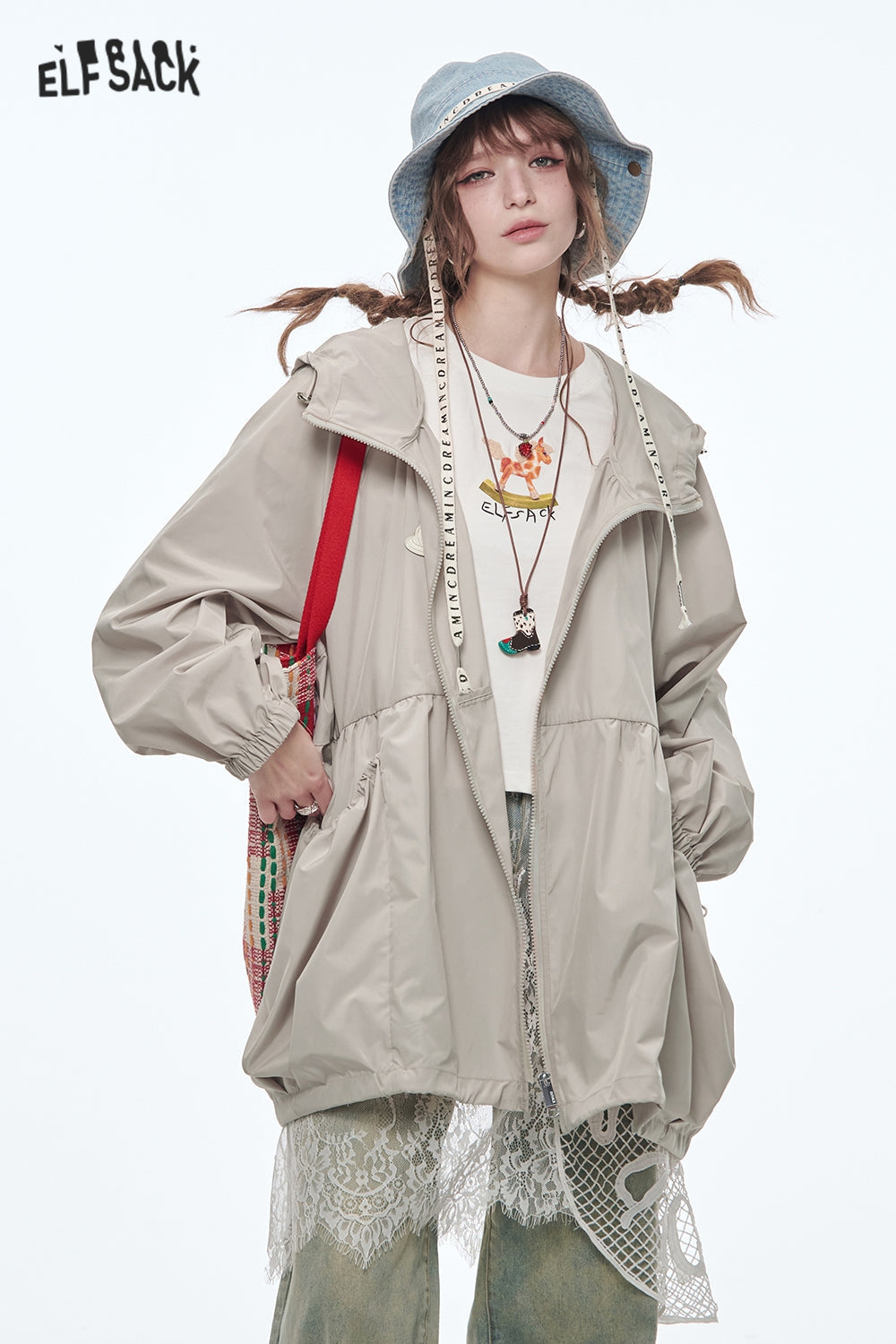 ELFSACK Original Girls Printed Mid-Length Hooded Light Jacket Women Loose Female Outerwear
