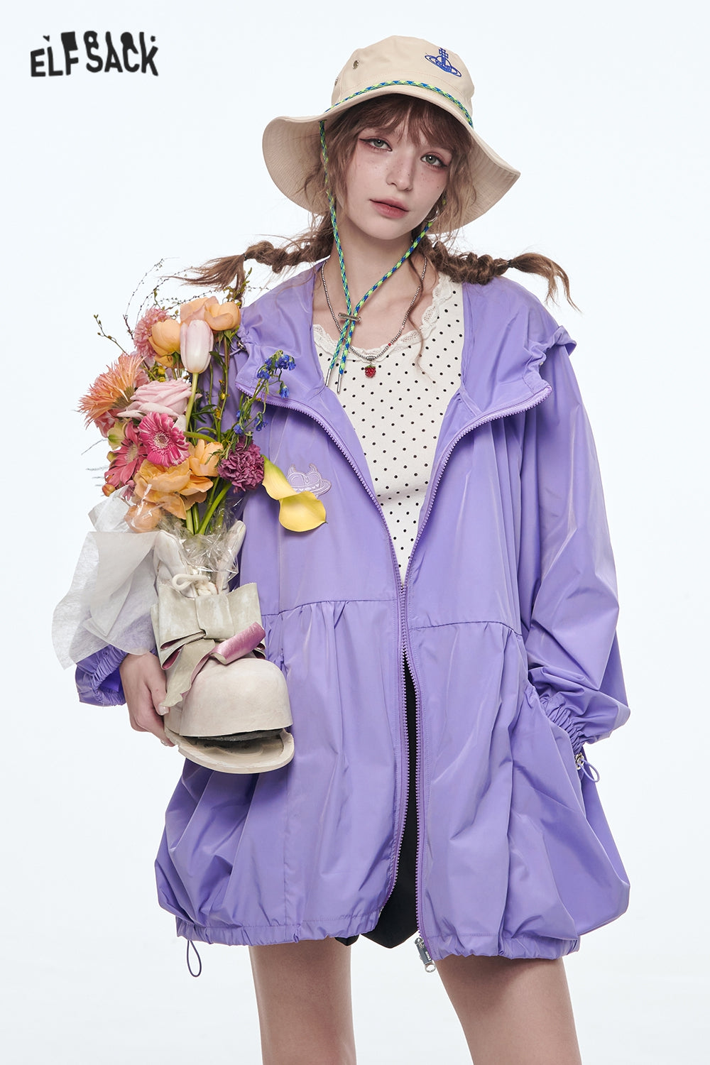 ELFSACK Original Girls Printed Mid-Length Hooded Light Jacket Women Loose Female Outerwear