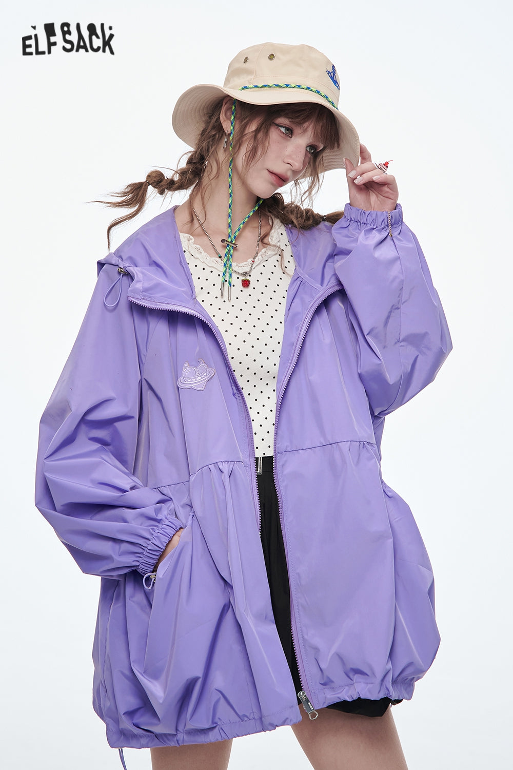 ELFSACK Original Girls Printed Mid-Length Hooded Light Jacket Women Loose Female Outerwear