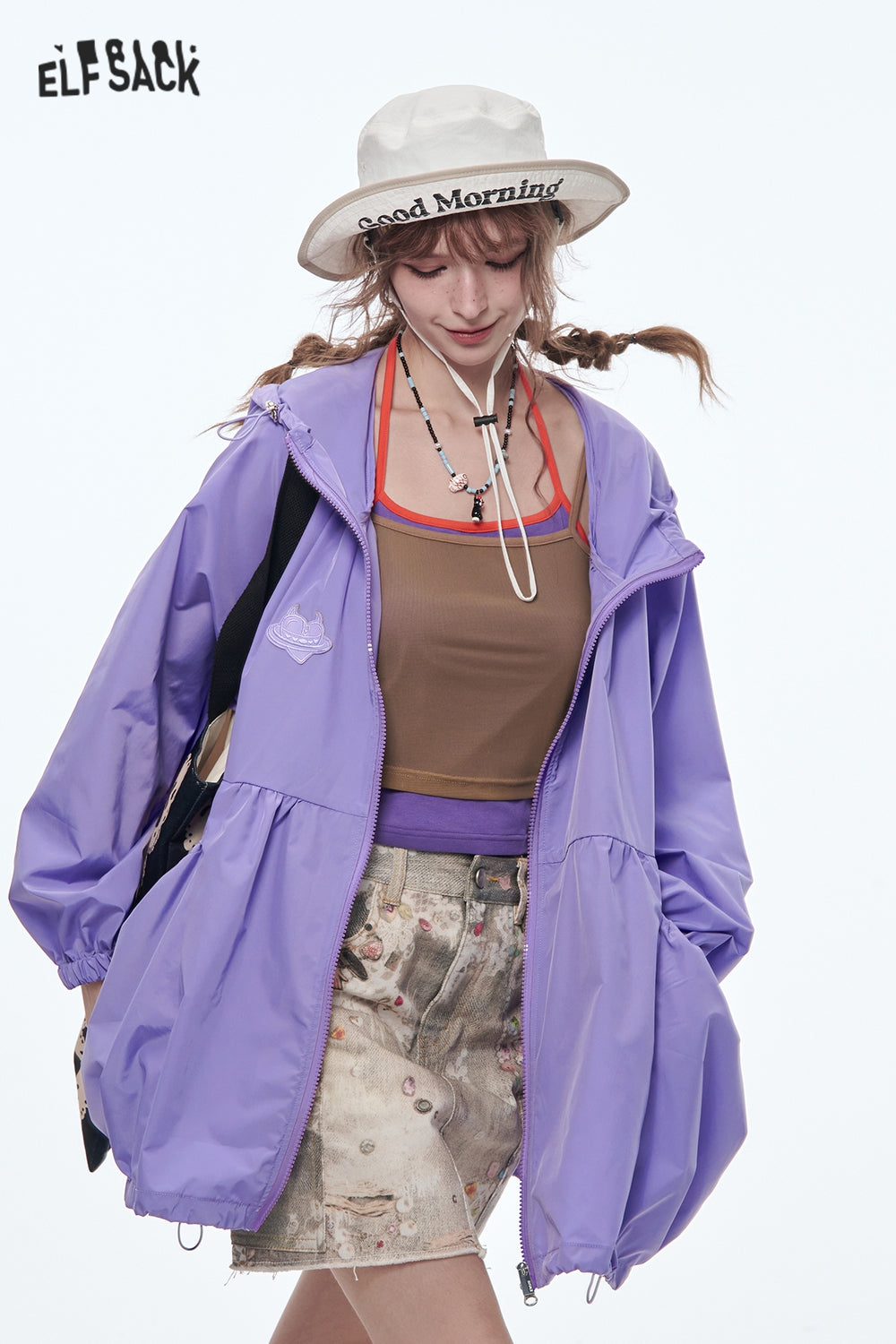 ELFSACK Original Girls Printed Mid-Length Hooded Light Jacket Women Loose Female Outerwear