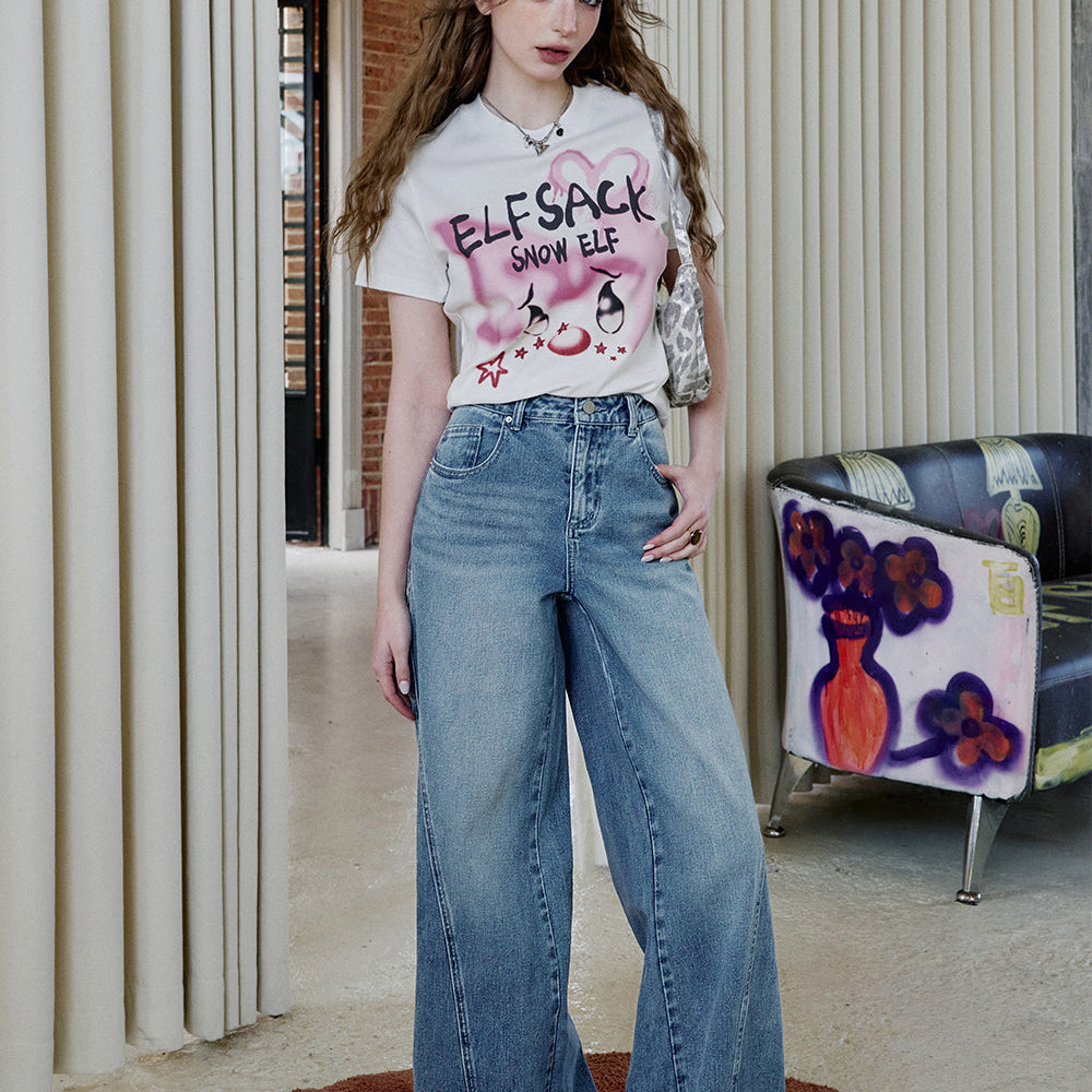 ELFSACK 2025 Spring New Arrivals Deconstruct Lace Patchwork High Waist Jeans Women Blue Long Loose Retro Casual Denim Pants