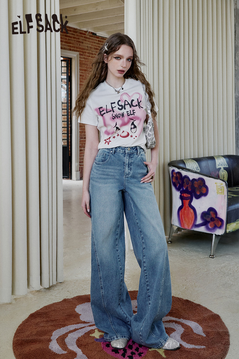 ELFSACK 2025 Spring New Arrivals Deconstruct Lace Patchwork High Waist Jeans Women Blue Long Loose Retro Casual Denim Pants