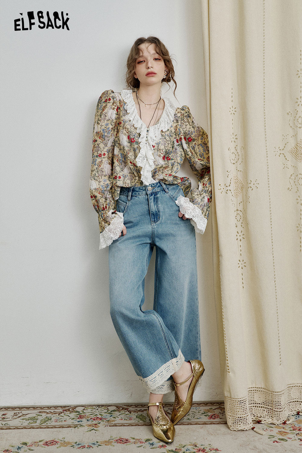 ELFSACK Retro Elegant Blue Loose Lace Trim Nine Point Jeans