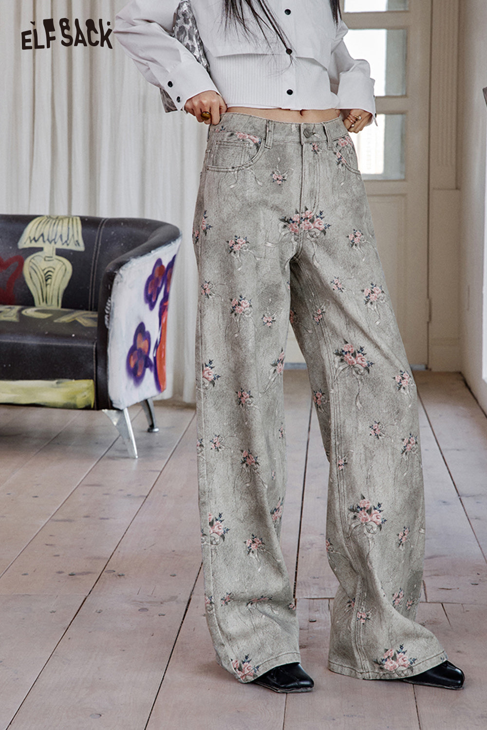 ELFSACK Retro Flower Printed Wide Leg Cotton Jeans Women Loose Straight Pants