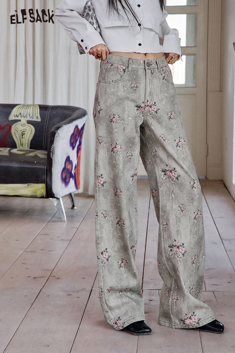 ELFSACK Retro Flower Printed Wide Leg Cotton Jeans Women Loose Straight Pants