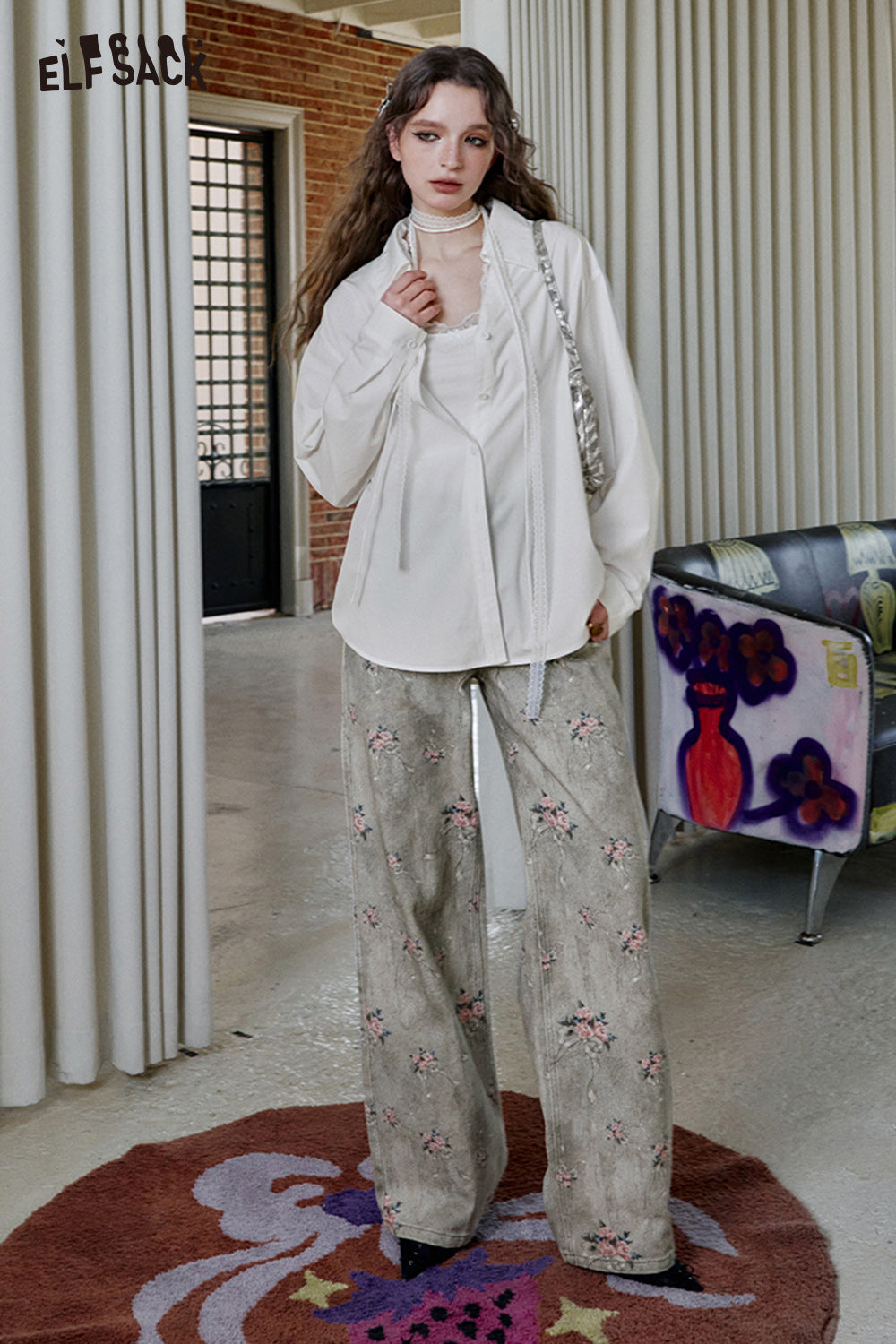 ELFSACK Retro Flower Printed Wide Leg Cotton Jeans Women Loose Straight Pants
