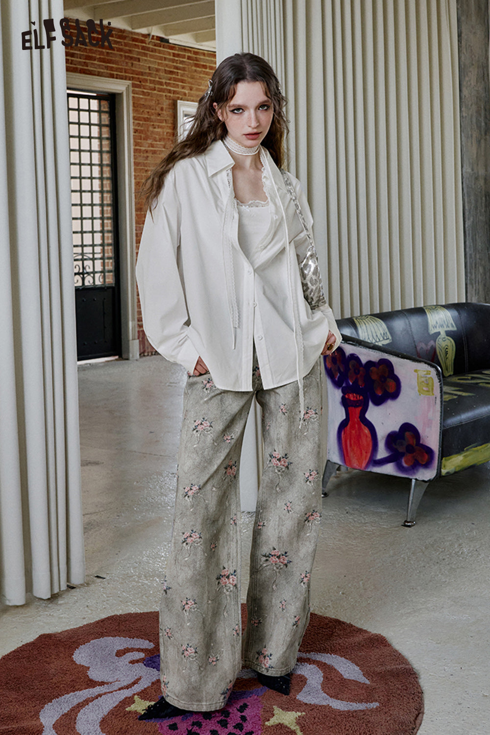 ELFSACK Retro Flower Printed Wide Leg Cotton Jeans Women Loose Straight Pants