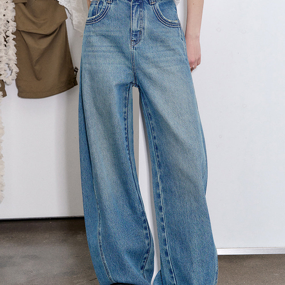 ELFSACK 2025 Spring New Arrivals Versatile Washed High Waist Wide Leg Jeans Women Cotton Sickle Pants