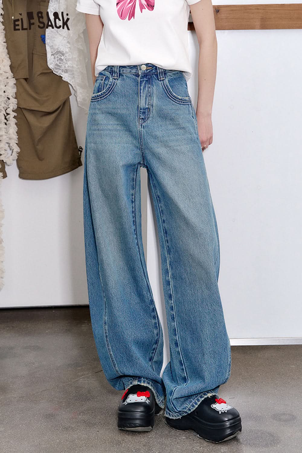 ELFSACK Versatile Washed High Waist Wide Leg Jeans Women Cotton Sickle Pants