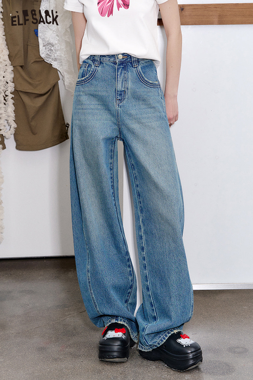 ELFSACK 2025 Spring New Arrivals Versatile Washed High Waist Wide Leg Jeans Women Cotton Sickle Pants