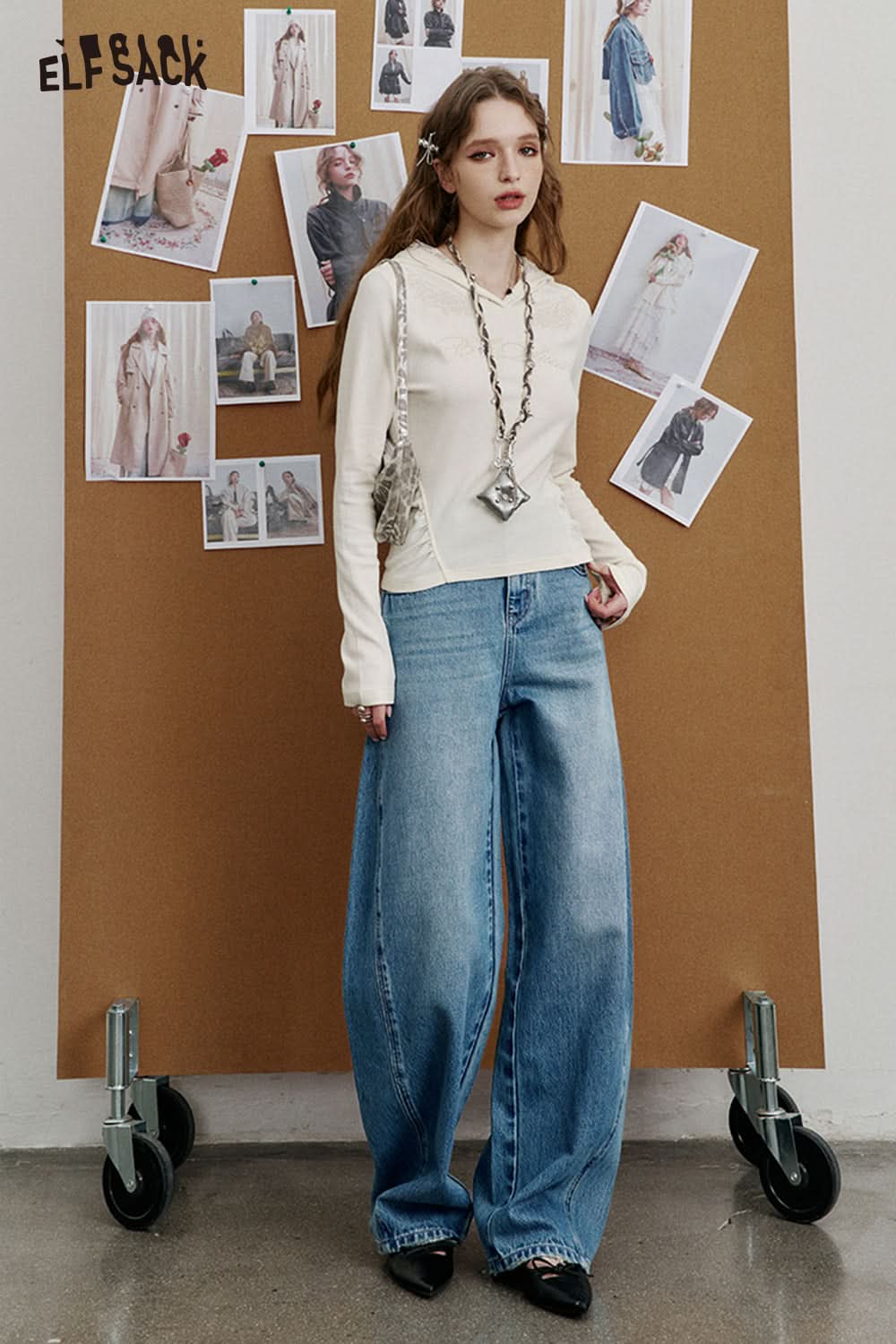 ELFSACK Versatile Washed High Waist Wide Leg Jeans Women Cotton Sickle Pants