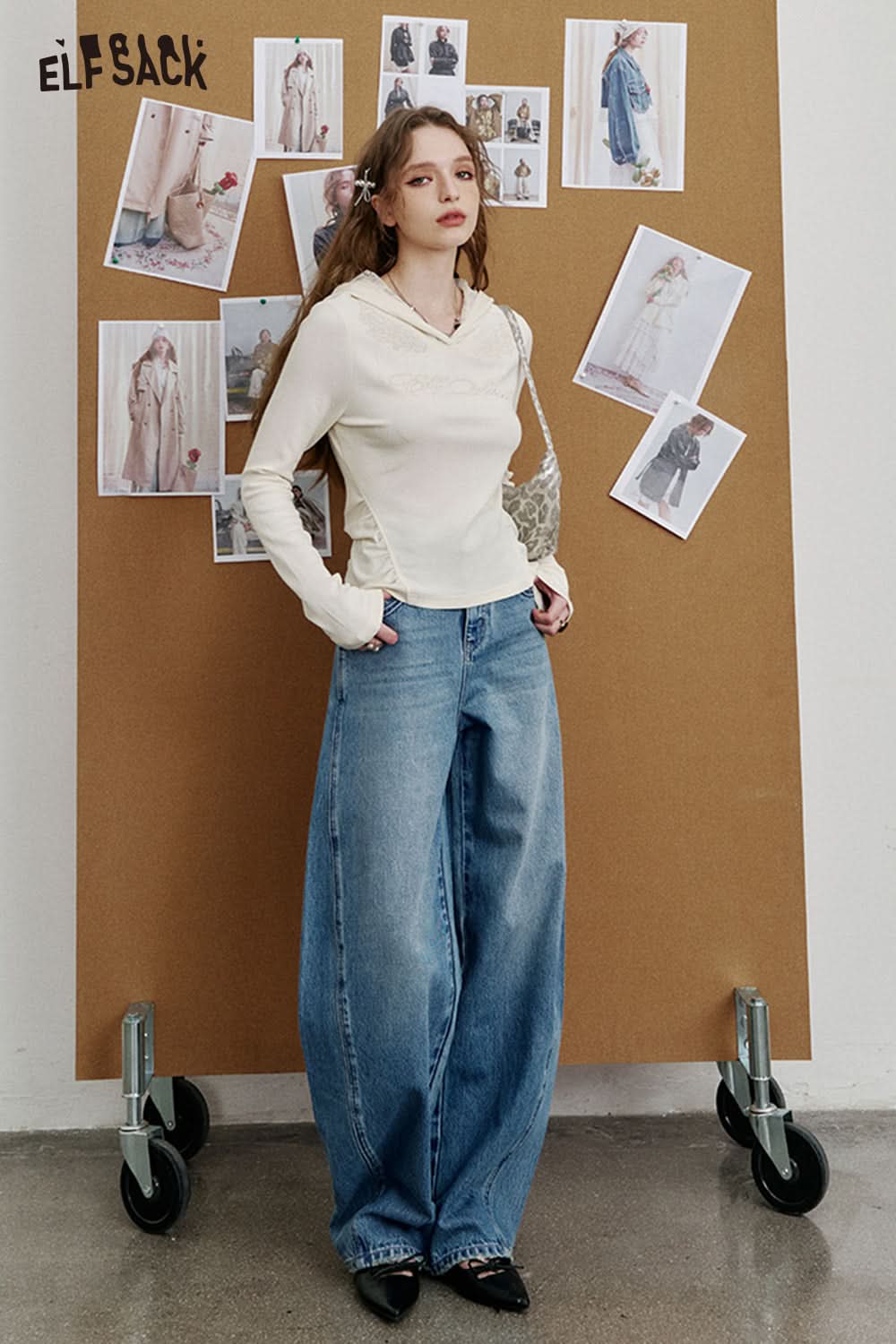 ELFSACK Versatile Washed High Waist Wide Leg Jeans Women Cotton Sickle Pants